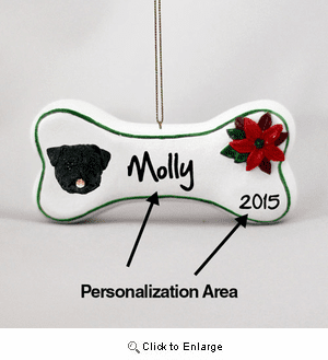 Pug Personalized Dog Bone Christmas Ornament Black