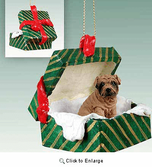Shar Pei Gift Box Christmas Ornament Brown