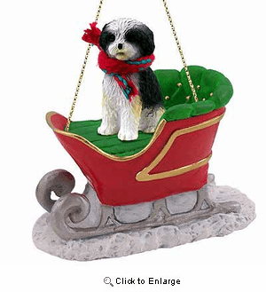 Shih Tzu Sleigh Ride Christmas Ornament Black-White Sport Cut