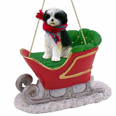 Shih Tzu Sleigh Ride Christmas Ornament Black-White Sport Cut