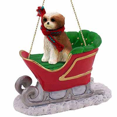 Shih Tzu Sleigh Ride Christmas Ornament Tan Sport Cut