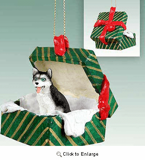 Siberian Husky Gift Box Christmas Ornament Black-White Blue Eyes