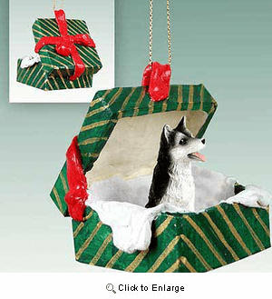 Siberian Husky Gift Box Christmas Ornament Black-White Brown Eyes