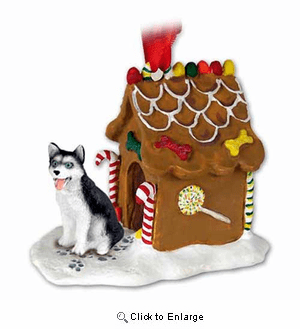 Siberian Husky Gingerbread House Christmas Ornament Black-White Blue Eyes