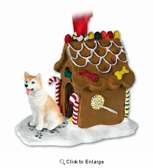 Siberian Husky Gingerbread House Christmas Ornament Red-White Blue Eyes