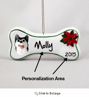 Siberian Husky Personalized Dog Bone Christmas Ornament Black-White Brown Eyes