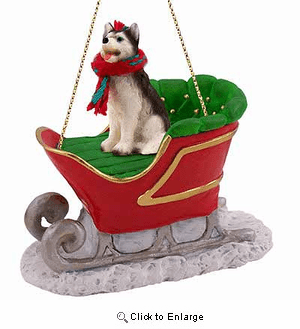 Siberian Husky Sleigh Ride Christmas Ornament Black-White Blue Eyes
