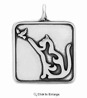 Sterling Silver Cat W/Bird Necklace