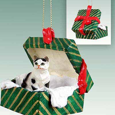 Tabby Cat Gift Box Christmas Ornament Black-White Shorthaired