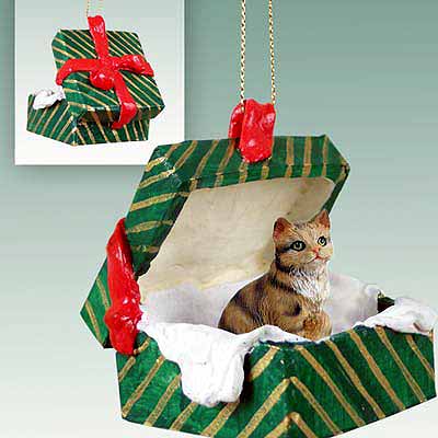 Tabby Cat Gift Box Christmas Ornament Brown Shorthaired