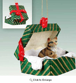 Tabby Cat Gift Box Christmas Ornament Brown Shorthaired