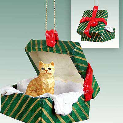Tabby Cat Gift Box Christmas Ornament Red Shorthaired