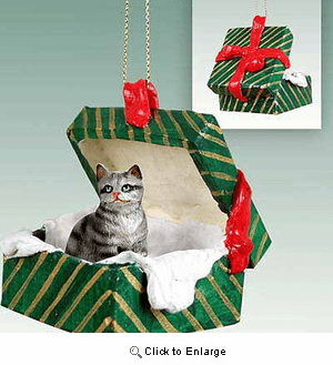 Tabby Cat Gift Box Christmas Ornament Silver Shorthaired