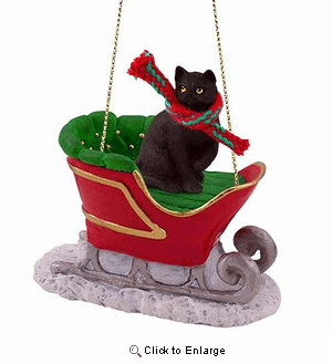 Tabby Cat Sleigh Ride Christmas Ornament Black Shorthaired