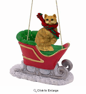 Tabby Cat Sleigh Ride Christmas Ornament Red Shorthaired