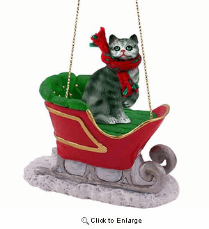 Tabby Cat Sleigh Ride Christmas Ornament Silver Shorthaired
