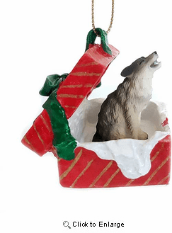 Timber Wolf Gift Box Red Christmas Ornament