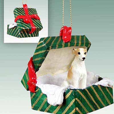 Whippet Gift Box Christmas Ornament Tan-White