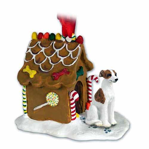 Whippet Gingerbread House Christmas Ornament Brindle-White