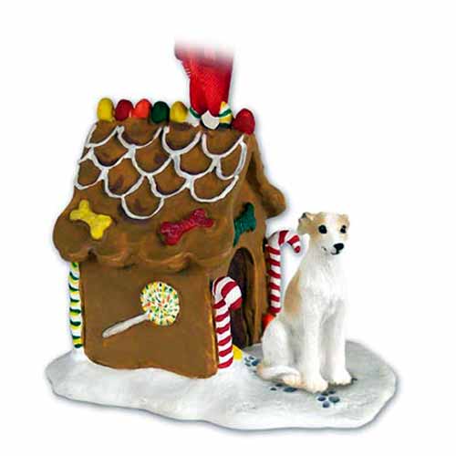 Whippet Gingerbread House Christmas Ornament Tan-White