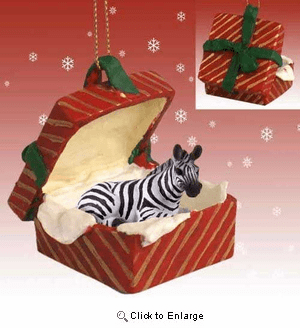 Zebra Gift Box Red Christmas Ornament