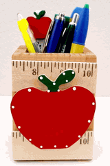 Personalized Wooden Pen Holder, AA-R09 AP - w/Apple and Ruler, 4.25"x3.25"x3.75" Made in USA Personalized Wooden Pen Holder, AA-R09 AP - w/Apple and Ruler, 4.25"x3.25"x3.75" Made in USA