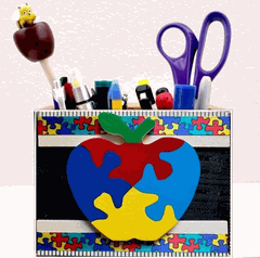 Personalized WOODEN CADDY/ORGANIZER, AA-R26 APP - w/PUZZLE ON APPLE