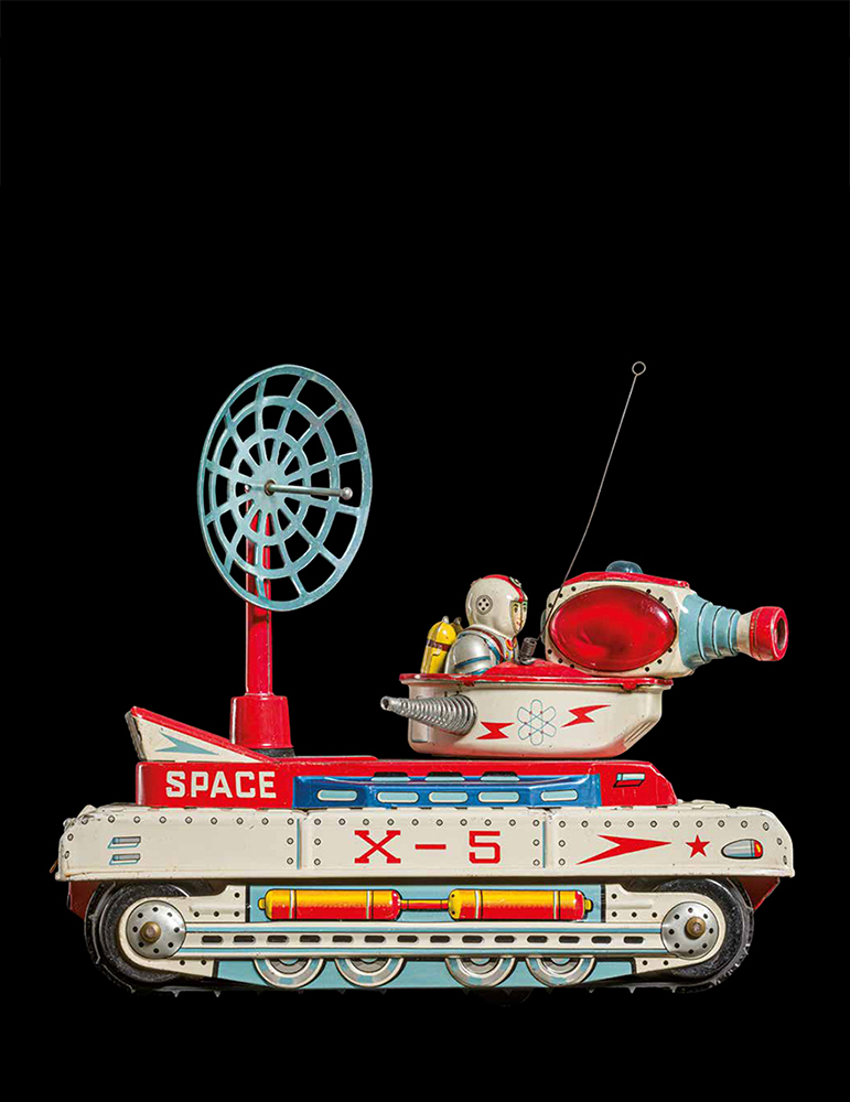 Battery operated Moon Patrol Vehicle, produced by Yonezawa and distributed by Okuma Seisakusho, Japan, 1961, is reproduced from