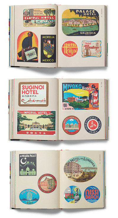 A sticker book of vintage luggage labels from the golden age of travel