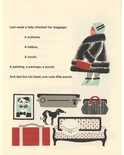 A suitcase, a hatbox, a couch, a painting, a package, a pouch: Baggage