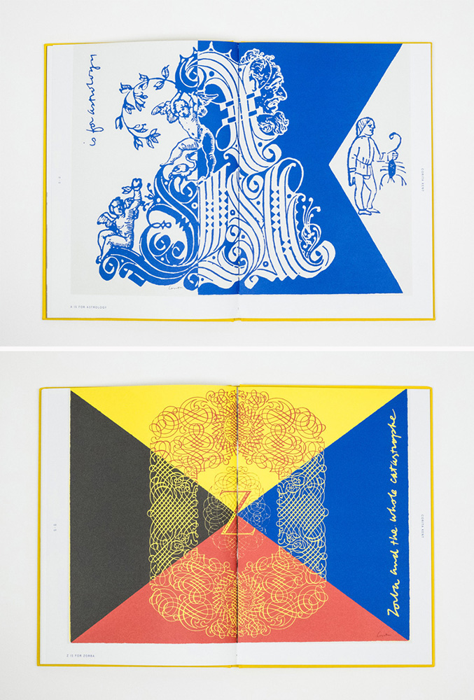 Featured spreads ("A is for Astrology" at top and "Z is for Zorba" below) are reproduced from