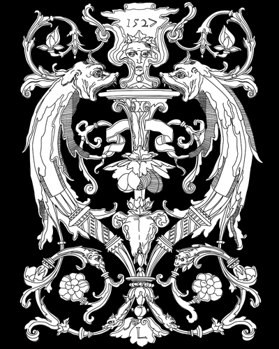 Featured here is an adaptation of a engraving on paper, "Grotesque Ornament with Satyrs," from a set of 20 ornamental panels, ca. 1530-35, by Agostino Veneziano - reproduced from 