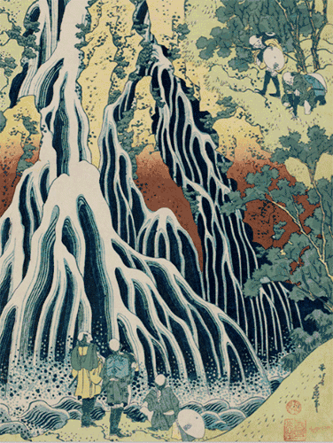 "The Falling Mist Waterfall at Mount Kurokami in Shimotsuke Province" is reproduced from
