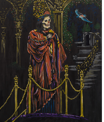 In Wes Lang's 'Black Paintings,' skulls and skeletons as "fully functioning, realized beings"