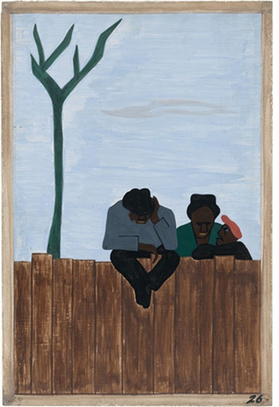 Jacob Lawrence: The Migration Series, panel 26, "And people all over the South began to discuss this great movement"