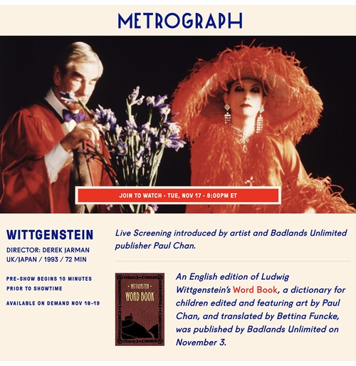 Metrograph presents a live screening of Derek Jarman's 'Wittgenstein,' introduced by artist and Badlands Unlimited 'Word Book' publisher Paul Chan