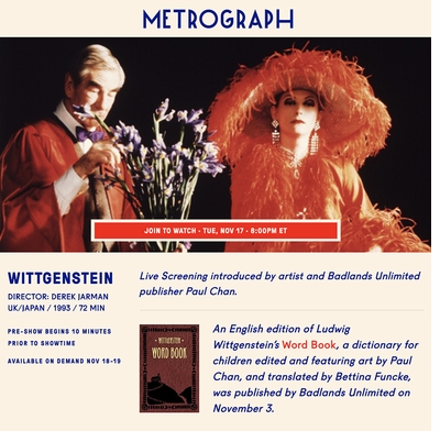 Metrograph presents a live screening of Derek Jarman's 'Wittgenstein,' introduced by artist and Badlands Unlimited 'Word Book' publisher Paul Chan