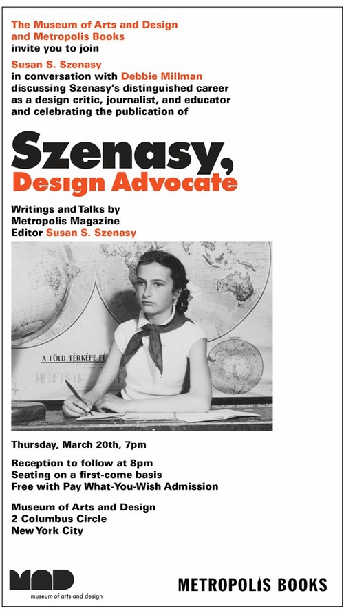 Susan S. Szenasy & Debbie Millman to Launch 'Szenasy, Design Advocate' with Conversation at Museum of Arts and Design, NY