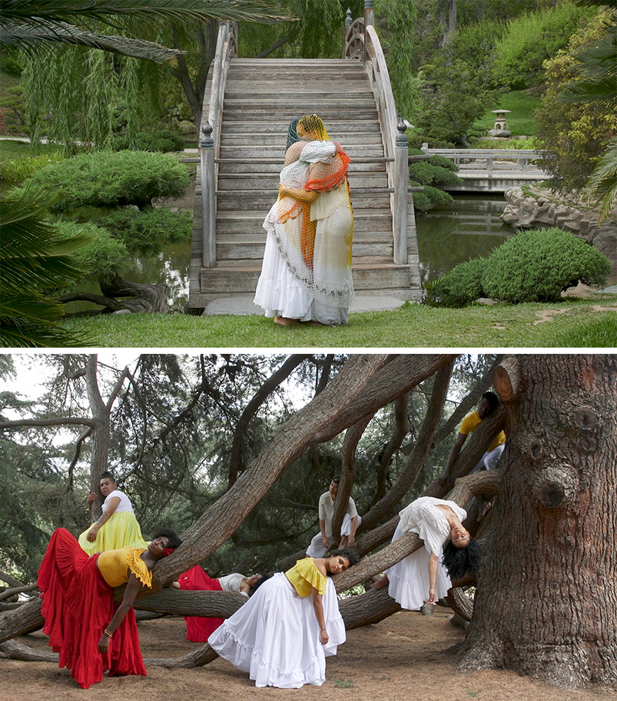 Carolina Caycedo, stills from "Apariciones/Apparitions," 2018. With: Marina Magalhaes (Choreography), Isis Avalos, Samad Guerra, Celeste Tavares, Bianca Medina, Jose Aviles, and Natali Miciche. Commissioned by The Huntington Library, Art Museum, and Botanical Gardens, and the Vincent Price Art Museum. Courtesy of the artist and Commonwealth and Council, Los Angeles. From