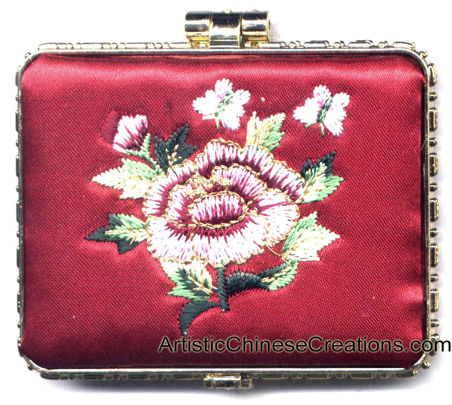 Chinese Compact Mirror Embroidered Flowers, Chinese Gifts, Chinese