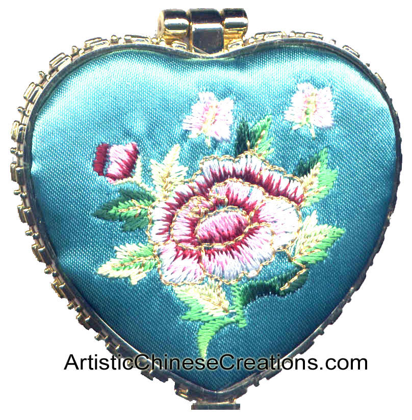 Chinese Compact Mirror Embroidered Flowers, Chinese Jewelry, Chinese