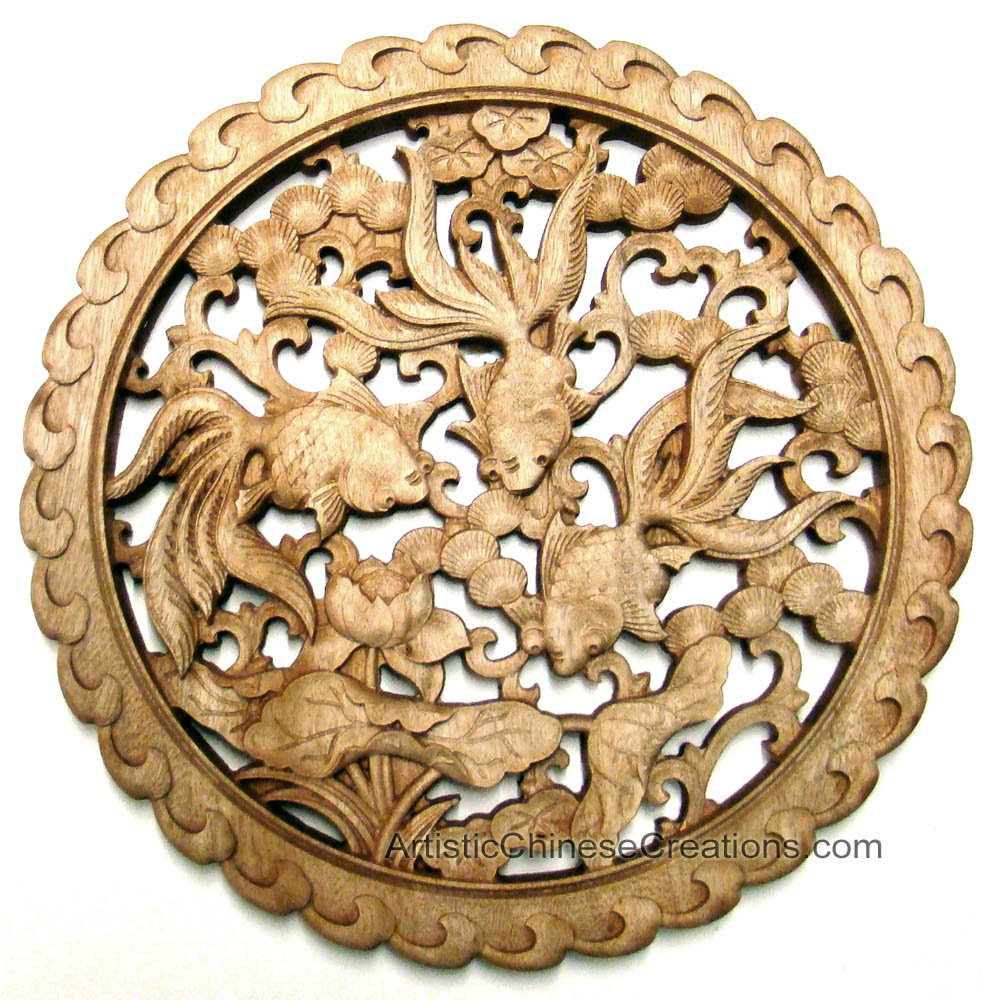 Carved Chinese Wood Plaque Fish / Good Fortune & Wealth Symbols, Chinese Wood Carving, Chinese Art