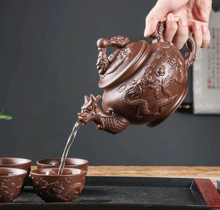 Chinese Dragon Tea Set (1 teapot 4 Cups) Natural Clay, Chinese