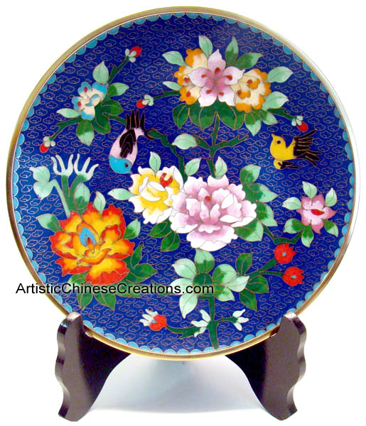 Chinese Cloisonne Plate Peony & Birds, Dragon & Phoenix Symbols
