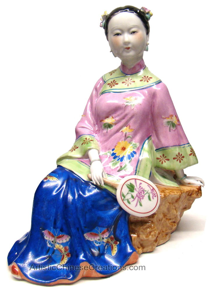 Chinese Porcelain Lady Holding Fan Sitting, Chinese Porcelain Figurines