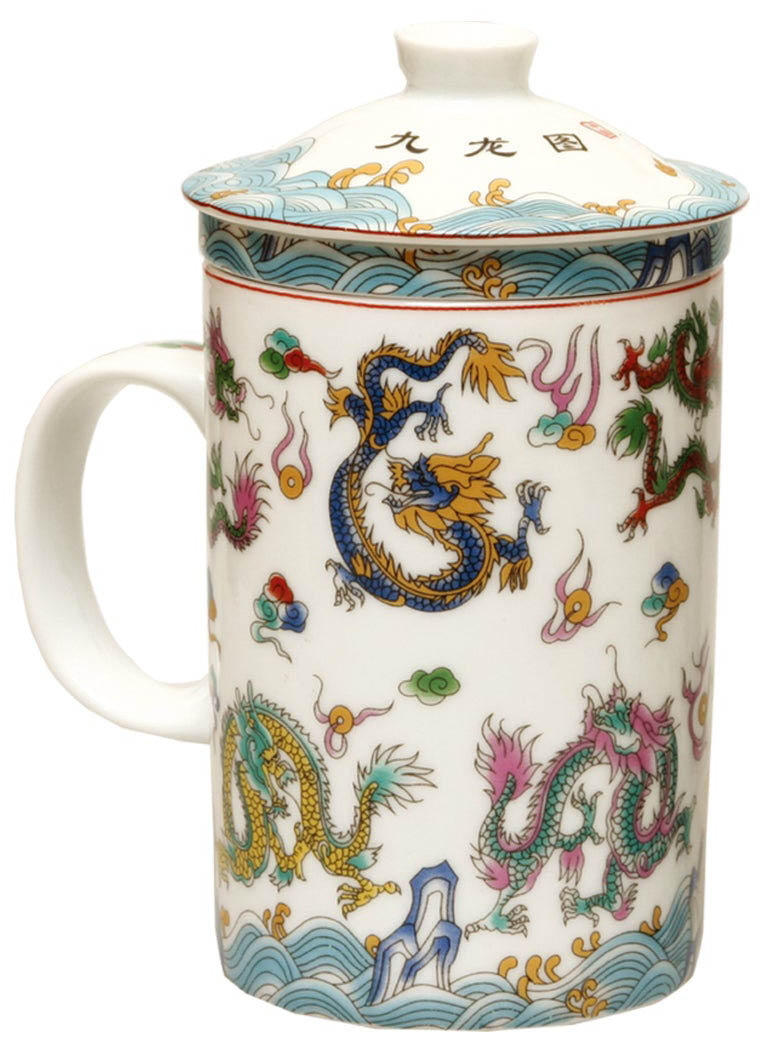 Chinese Porcelain Tea Cup (with Lid & Removable Strainer) Dragons