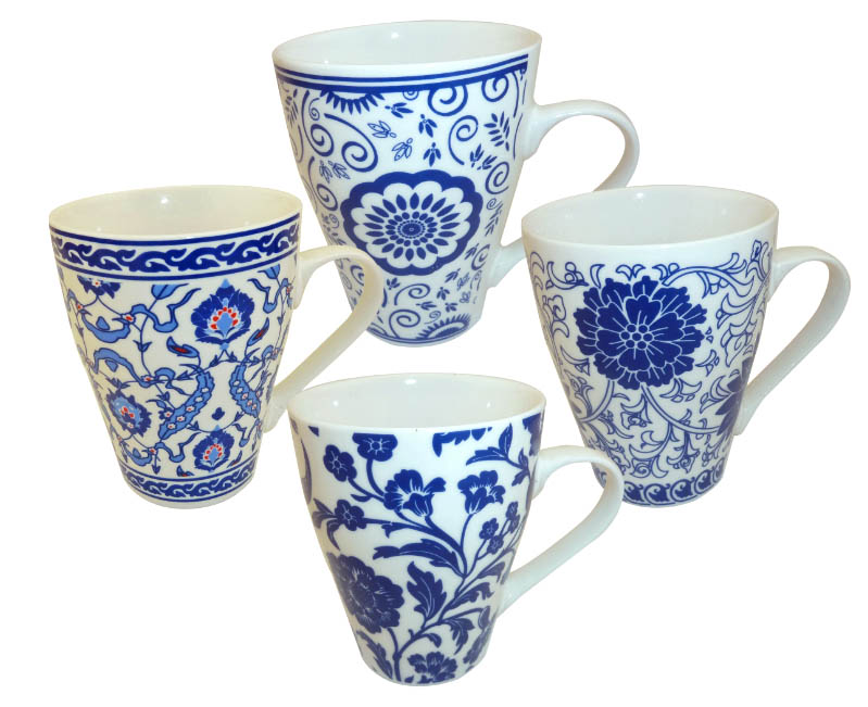 Chinese Porcelain Tea Cups Blue & White Flowers (Set of 4), Oriental