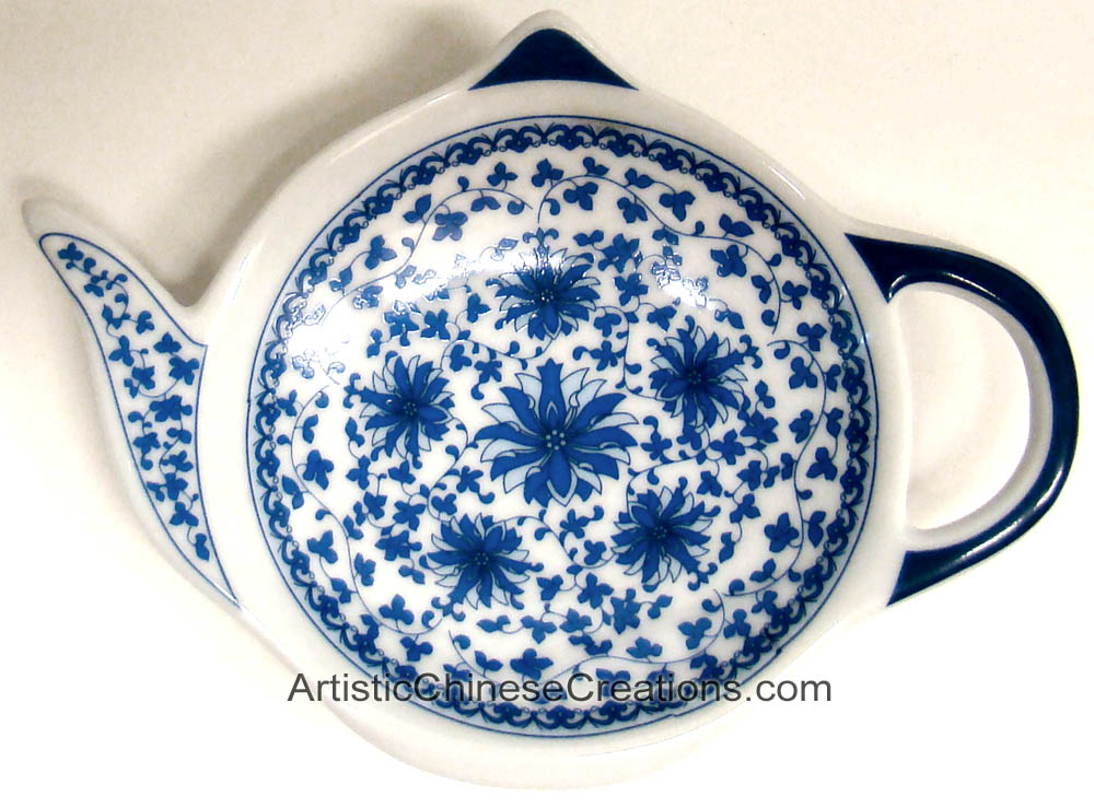 Chinese Porcelain Teapot Tea Bag Holder Blue & White Flowers