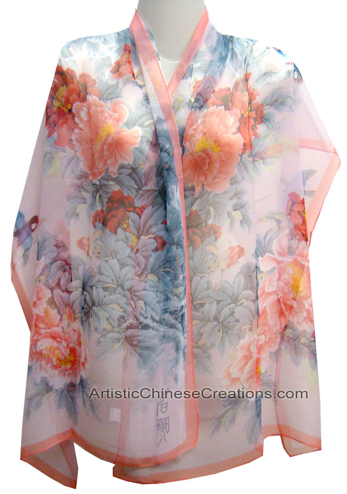 Chinese Silk Scarf Flowers, Oriental Scarf, Asian Scarf