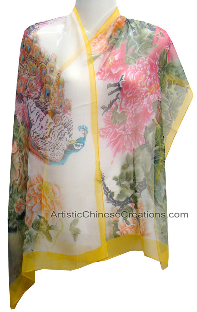 Chinese Silk Scarf Peacock & Peony, Asian Silk Scarves, Unique Scarves